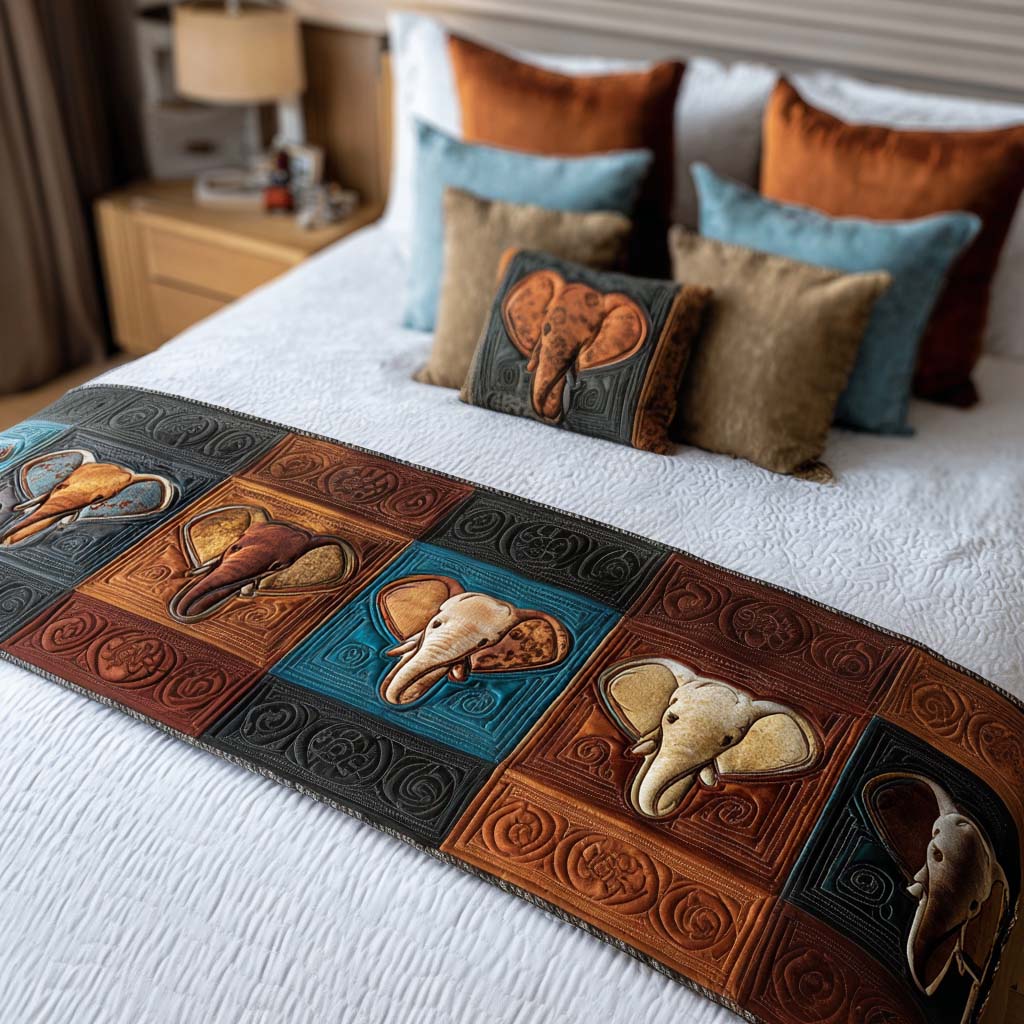 Boho Elephant Quilted Bed Runner Bed Room Decoration Cute Gift For Elephant Lovers