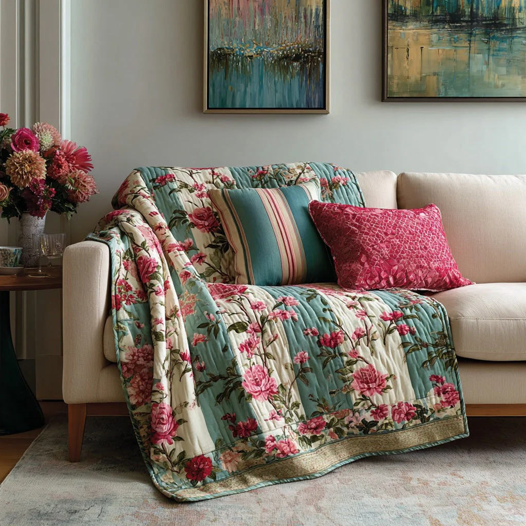 Boho Floral Rose Quilted Blanket Patchwork Garden Decor Best Gift For Her Flower Lover