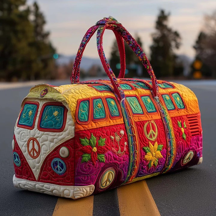 Boho Floral VW Bus Quilted Duffle Bag Hippie Travel Bag Best Gift For Road Trip Lovers
