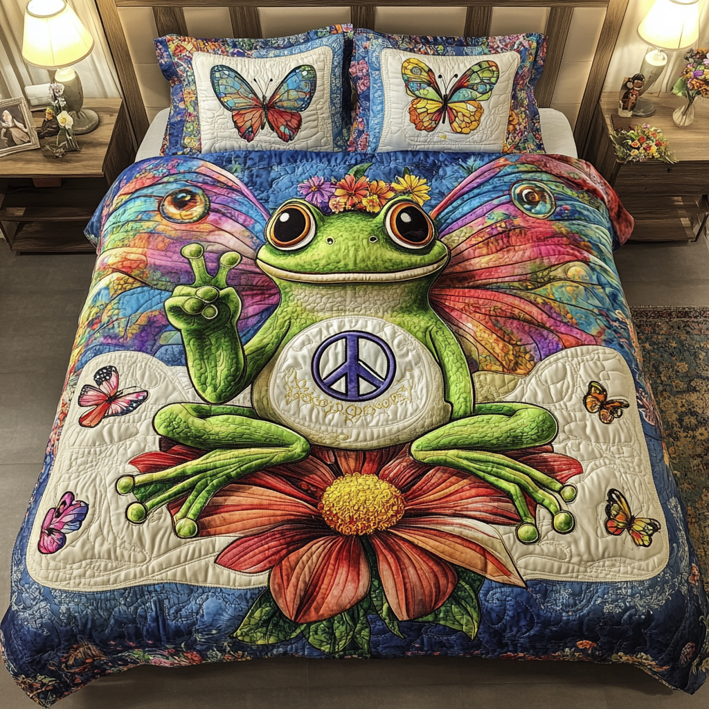 Boho Frog Quilted Bedding Set Aesthetic Room Decor Frog Gifts For Him