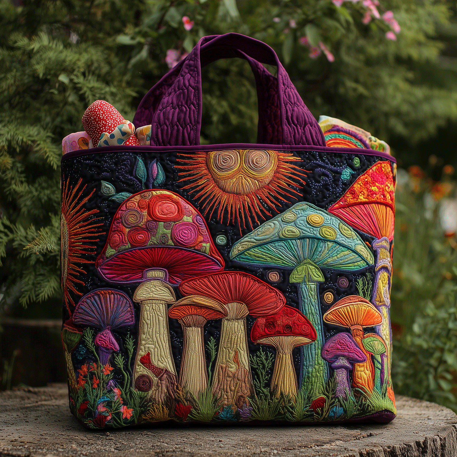 Boho Fungi Vibes Quilted Tote Bag Gifts For Mushroom Lovers