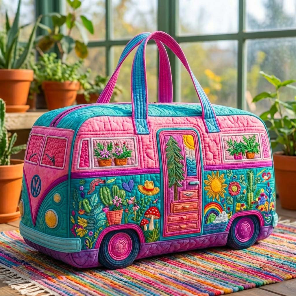 Boho Garden Van Quilted Duffle Bag Pink Teal Cactus Mushroom Rainbow Van Life Gift