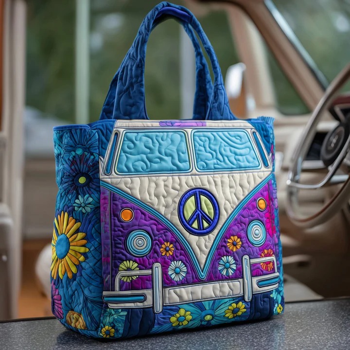 Boho Hippie Van Quilted Tote Bag Blue Purple Peace Bag Best Gift For Free Spirit Women