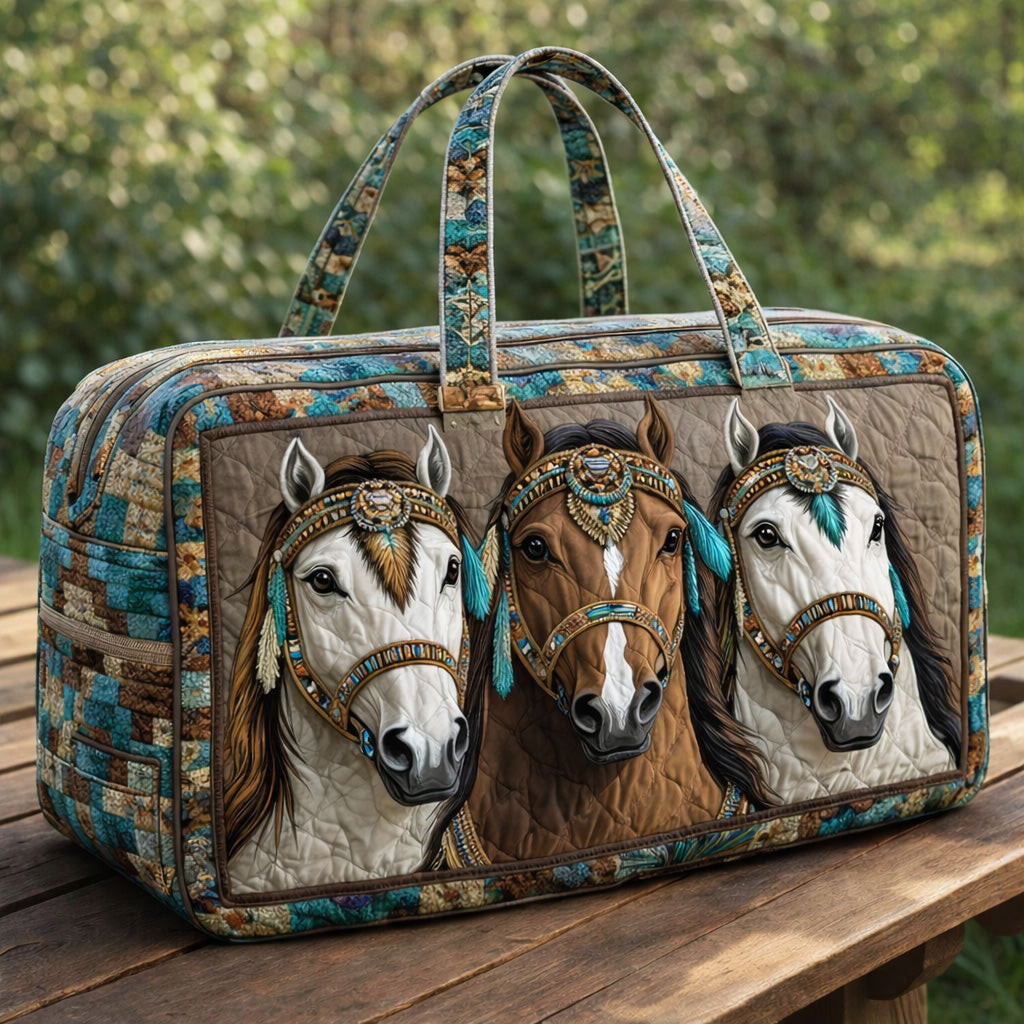 Boho Horse Quilted Duffle Bag Tribal Teal Beaded Equestrian Best Gift For Horse Lovers