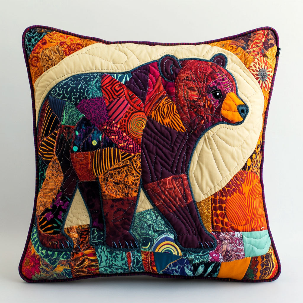 Boho Patchwork Bear Quilted Pillow Case Holiday Throw Pillows Grandparent Xmas Presents