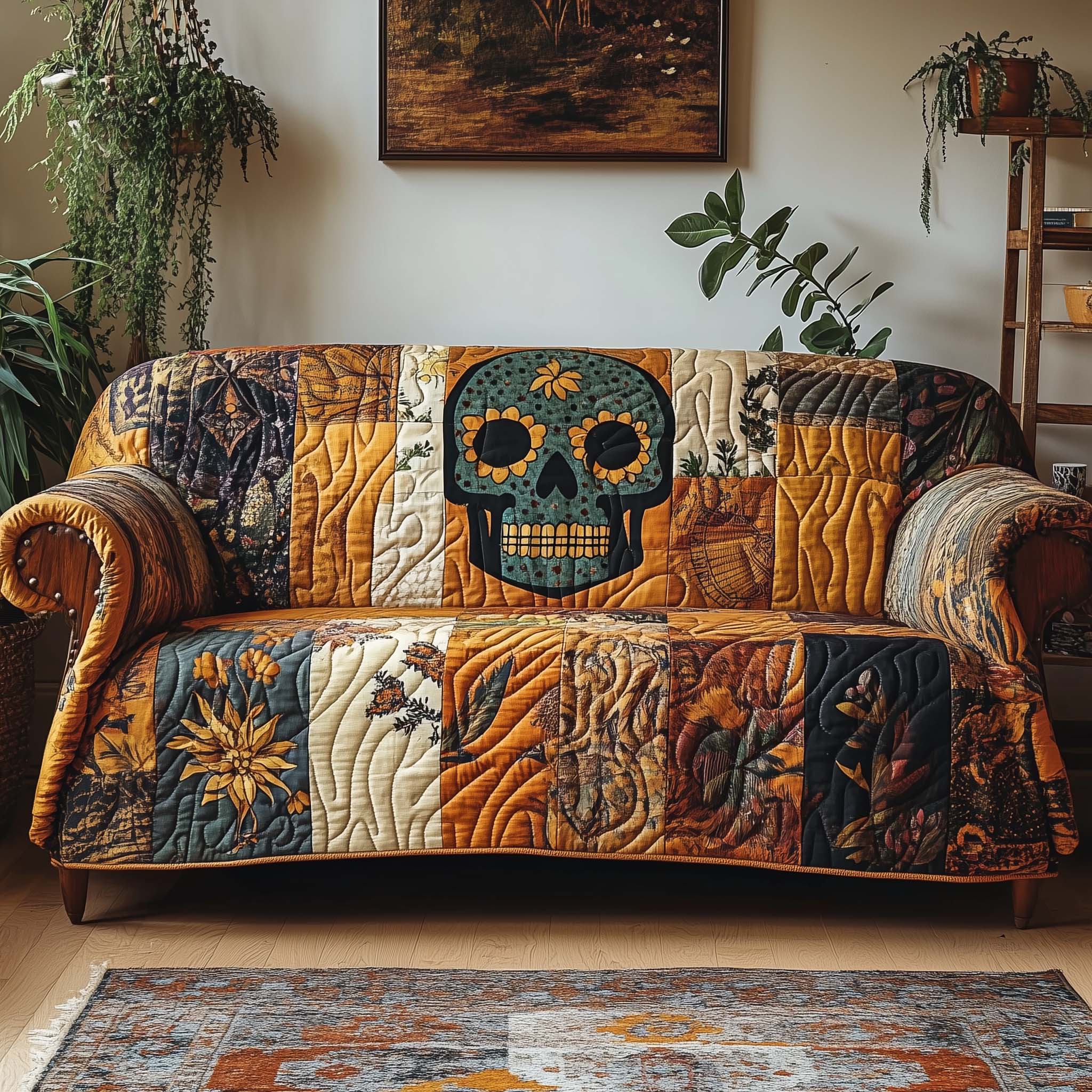 Boho Patchwork Skull Quilted Sofa Cover Artistic Patterned Skull Graphic Cover Themed Gifts