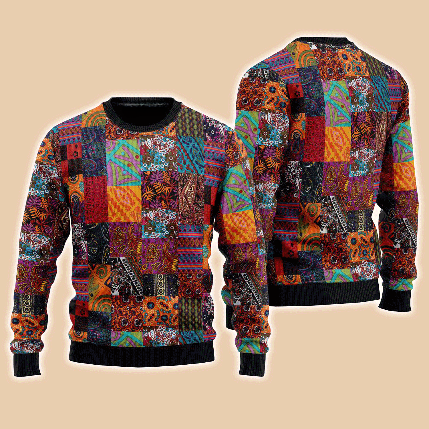 Boho Patchwork Ugly Christmas Sweater Colorful Abstract Pattern Jumper Cozy Gifts For Xmas