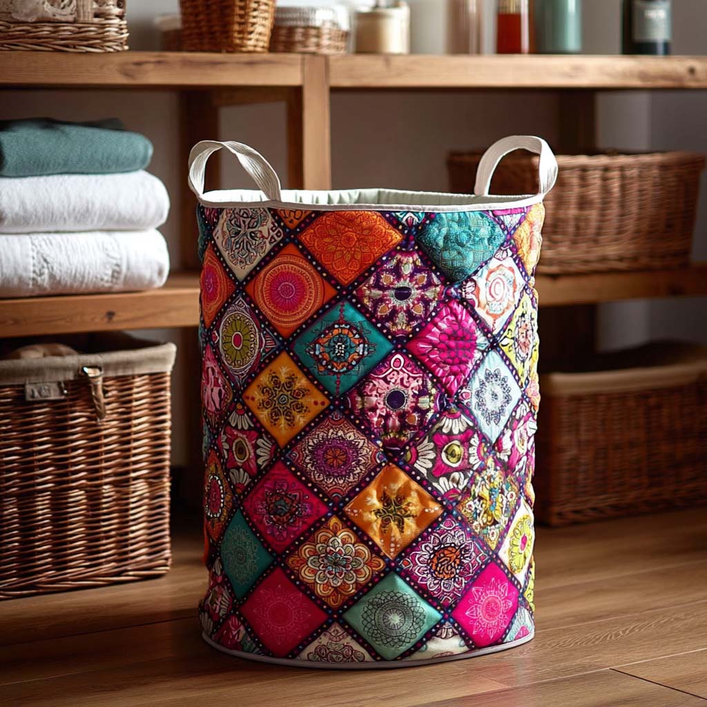 Boho Patchwork Vibes Quilted Laundry Basket Thanksgiving Merch Gift