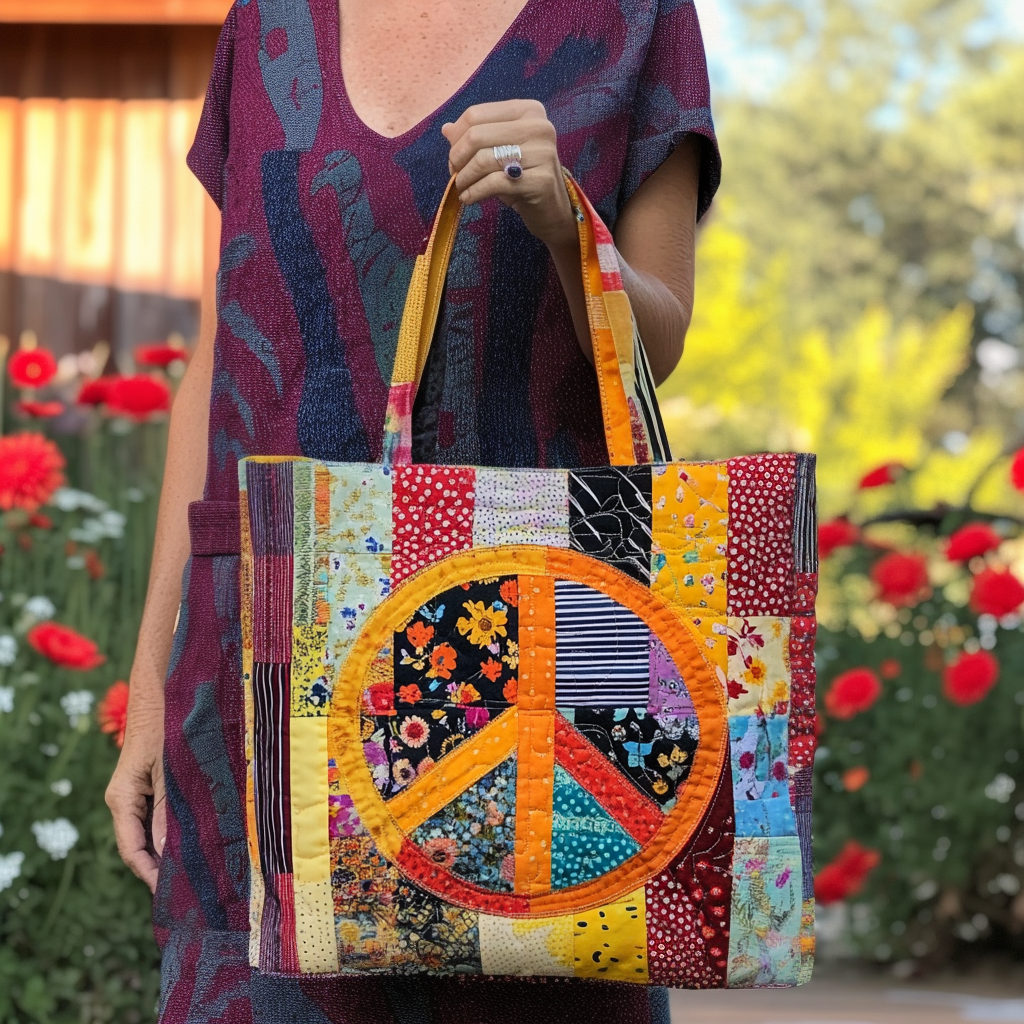 Boho Peace Bloom Quilted Tote Bag Christmas Presents For Hippies