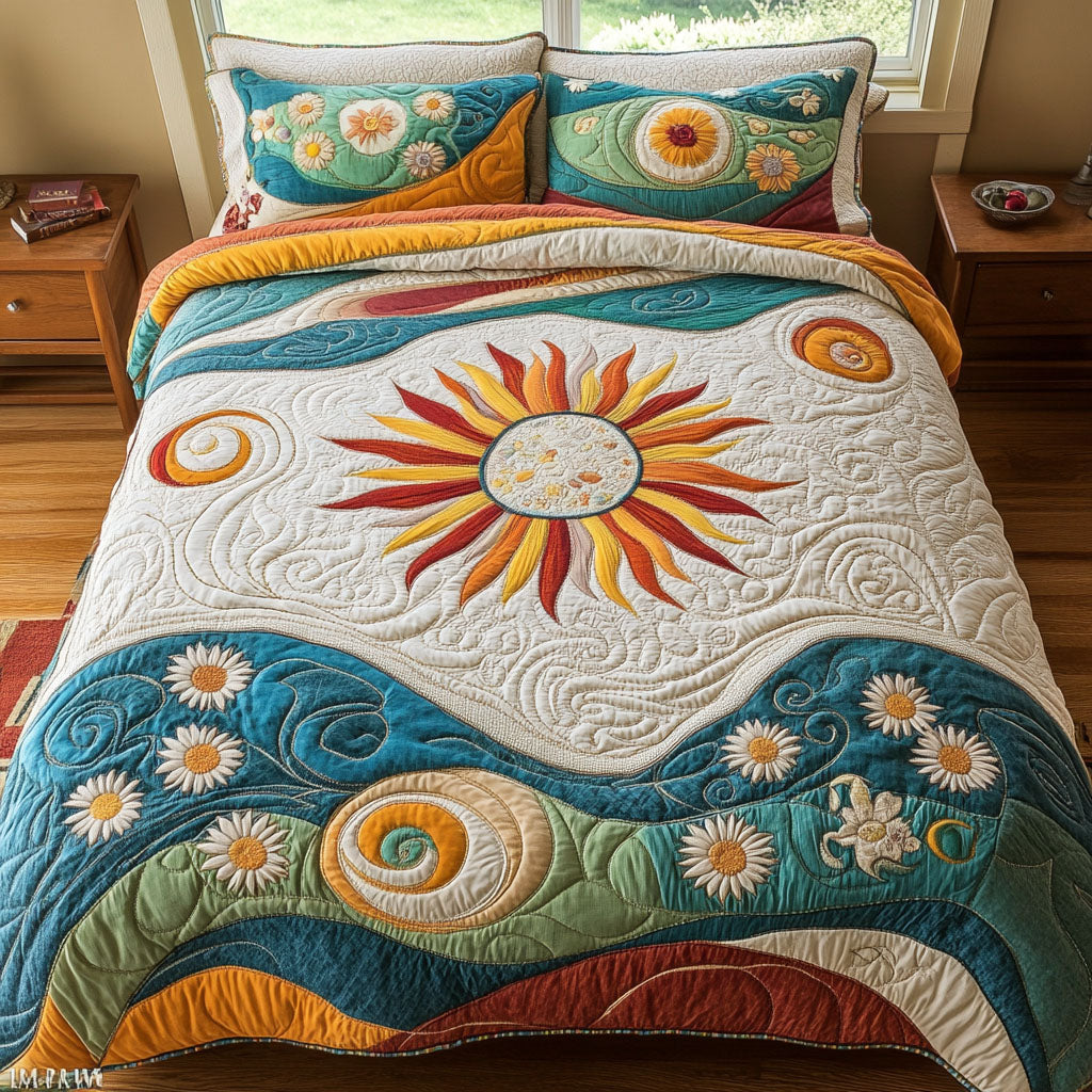 Boho Waves Quilted Bedding Set Aesthetic Room Decor Birthday Gift Ideas For Hippies
