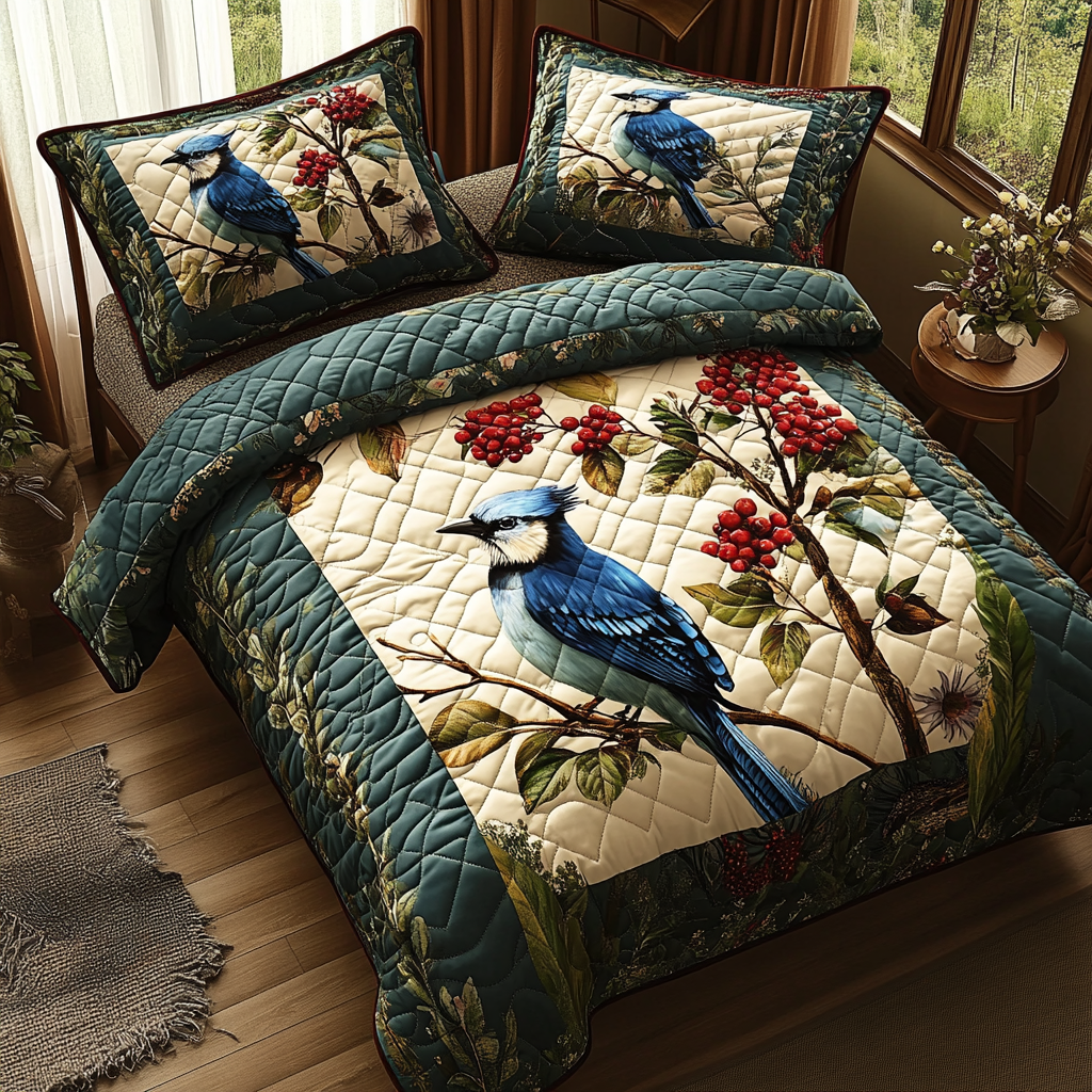 Bold Blue Wings Quilted Bedding Set Holiday Duvet Cover Set Bird Gifts For Bird Lovers