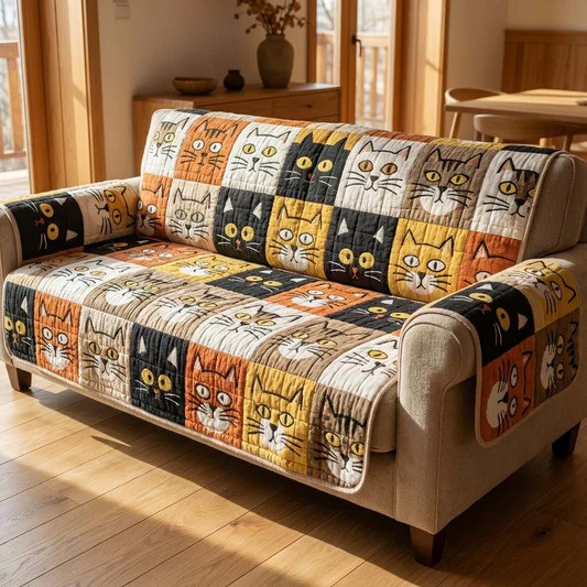 Bold Cat Faces Quilted Sofa Cover Cat Lover Home Decor Gift For Cozy Living Room