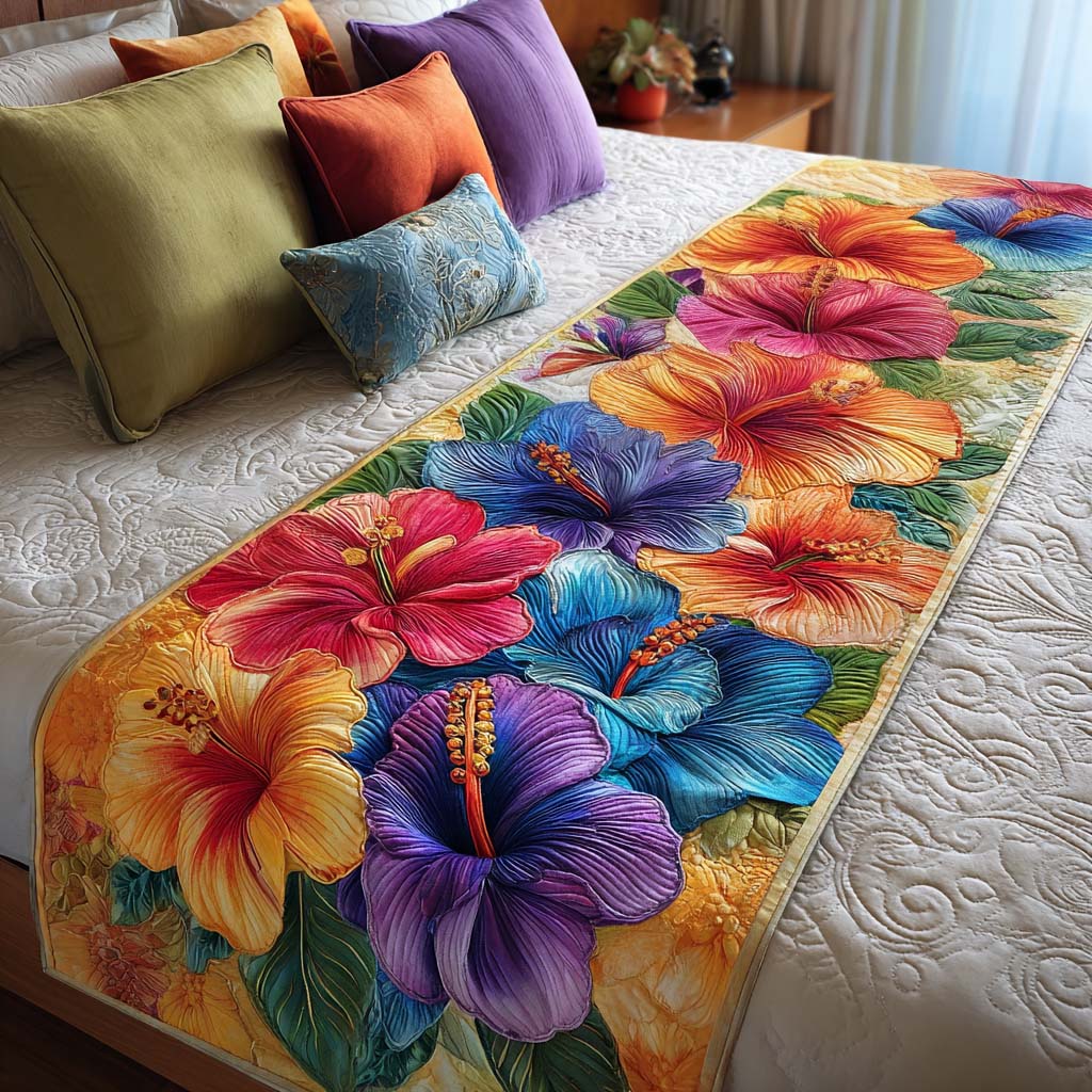 Bold Hibiscus Quilted Bed Runner Cool Bedroom Decor Christmas Floral Gifts