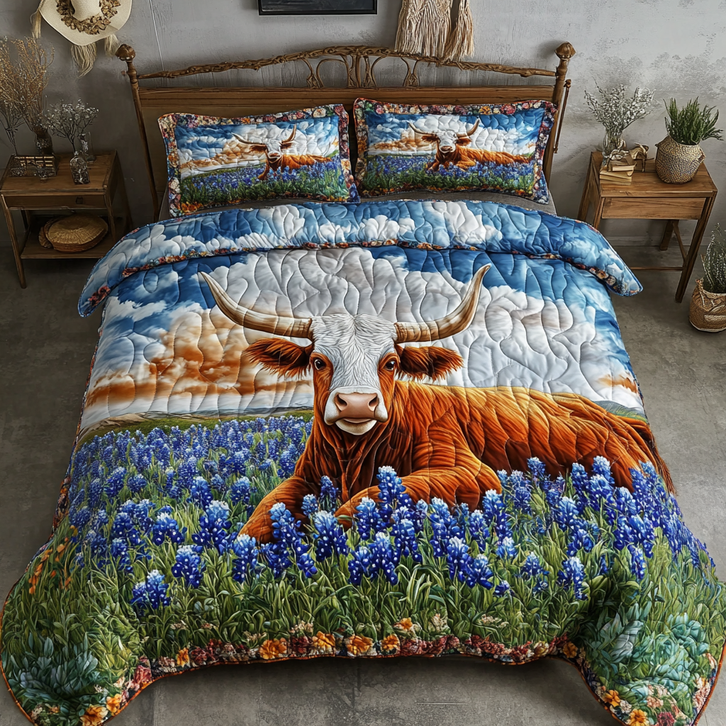 Bold Longhorn Cow Quilted Bedding Set Bedroom Decorations Cow Related Gifts