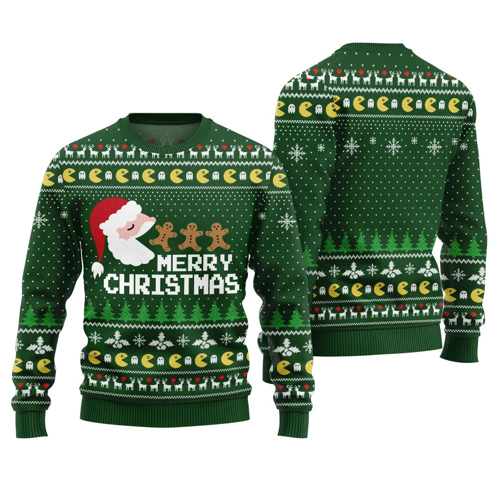 Bold Pacman Santa Ghost Hunt Ugly Christmas Sweater Funny Holiday Sweater for Family Gatherings