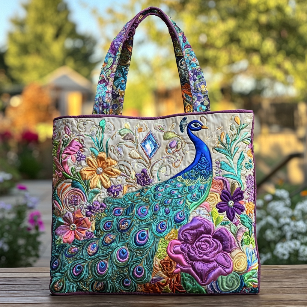 Bold Peacock Quilted Tote Bag Gifts For Peacock Lovers
