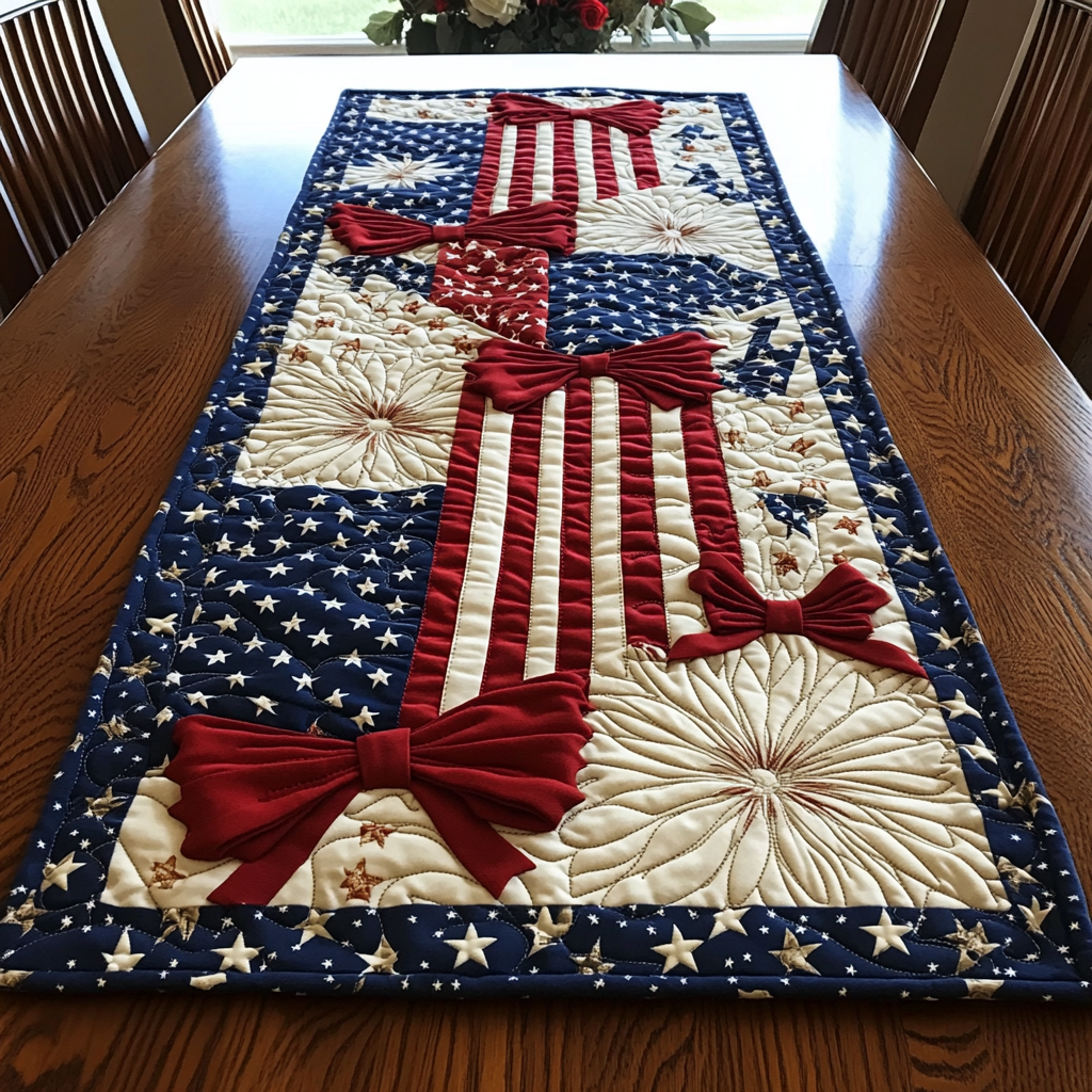 Bold Ribbon Quilted Table Runner Holiday Dining Table Decor Patriotic Presents