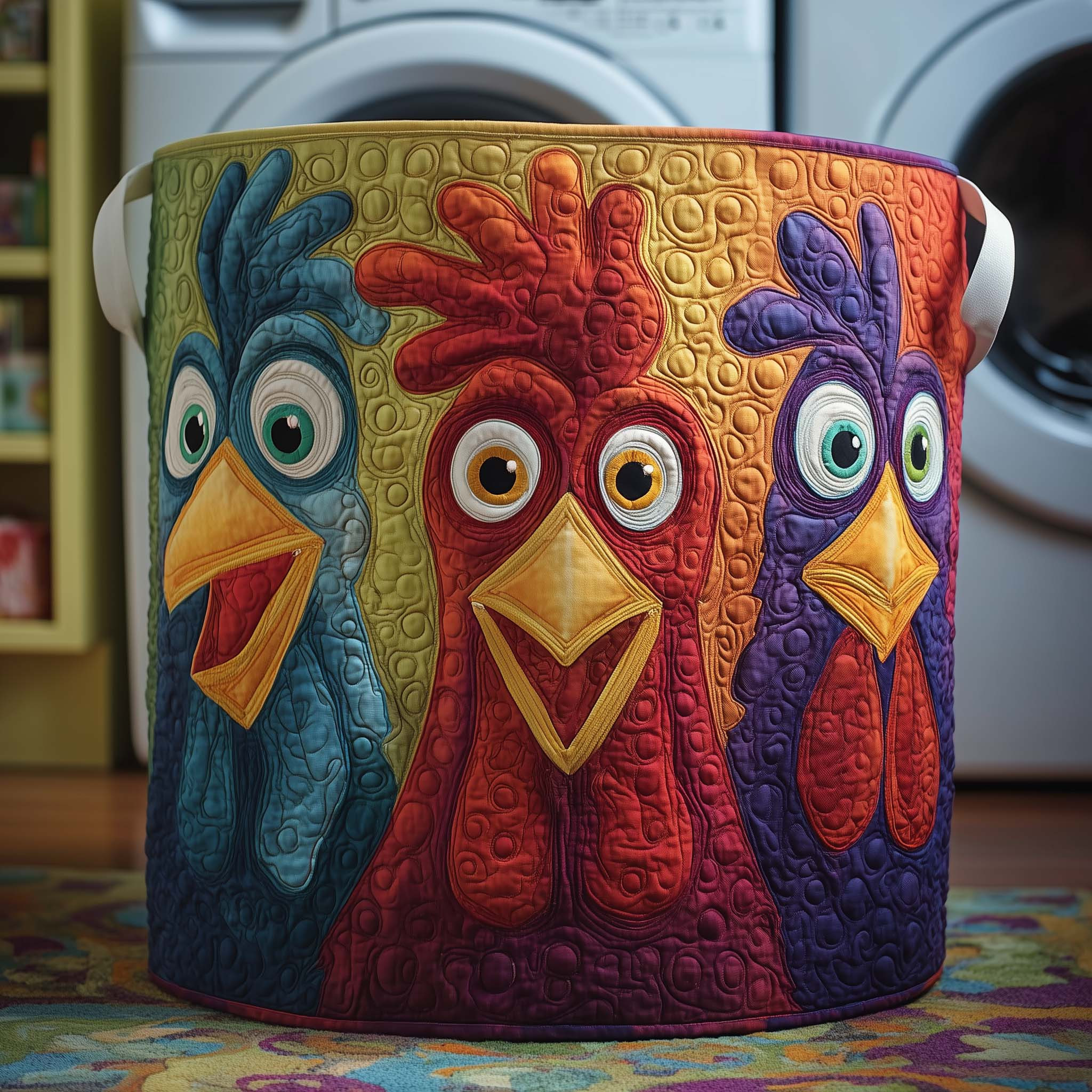 Bold Roosters Quilted Laundry Basket Animal Themed Trendy Home Decor Gifts For Chicken Lovers