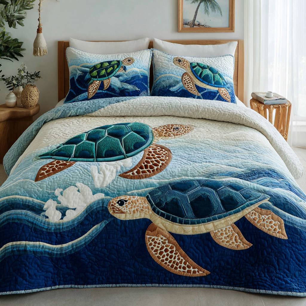 Bold Turtle Quilted Bedding Set Bed Decorations Gifts For Sea Turtle Lovers