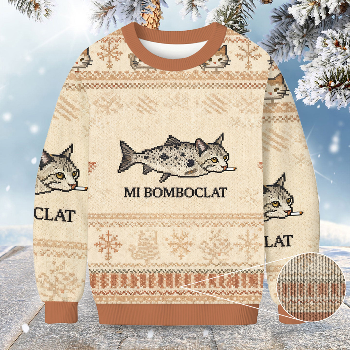 Bomboclat Fish Cat Meme Christmas Ugly Sweater Animal Themed Christmas Apparel Cat Gifts