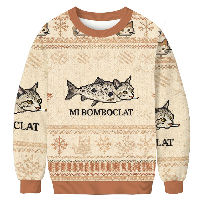 Bomboclat Fish Cat Meme Christmas Ugly Sweatshirt Festive Xmas Winter Sweater Gift Ideas