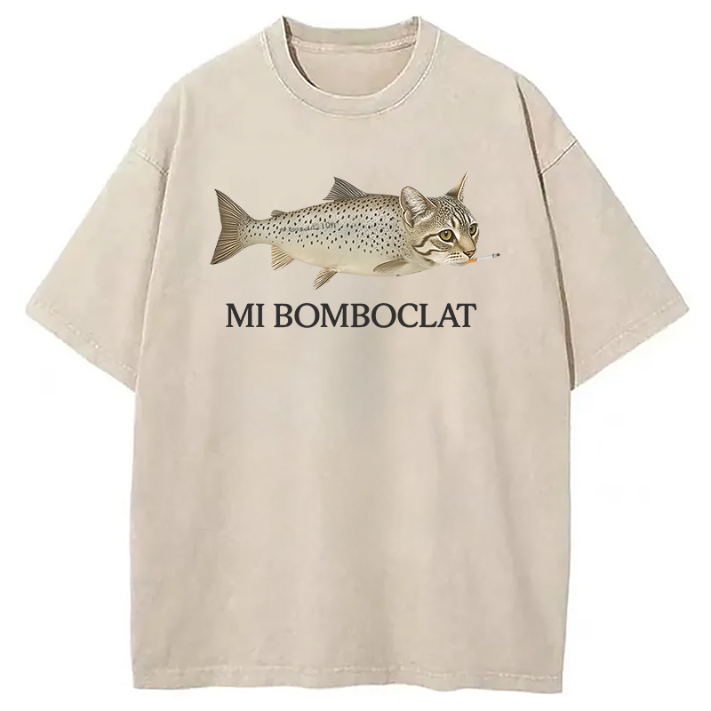 Bomboclat Fish Cat Meme Washed T-Shirt Cool Urban Street Style Shirt Gifts For Him