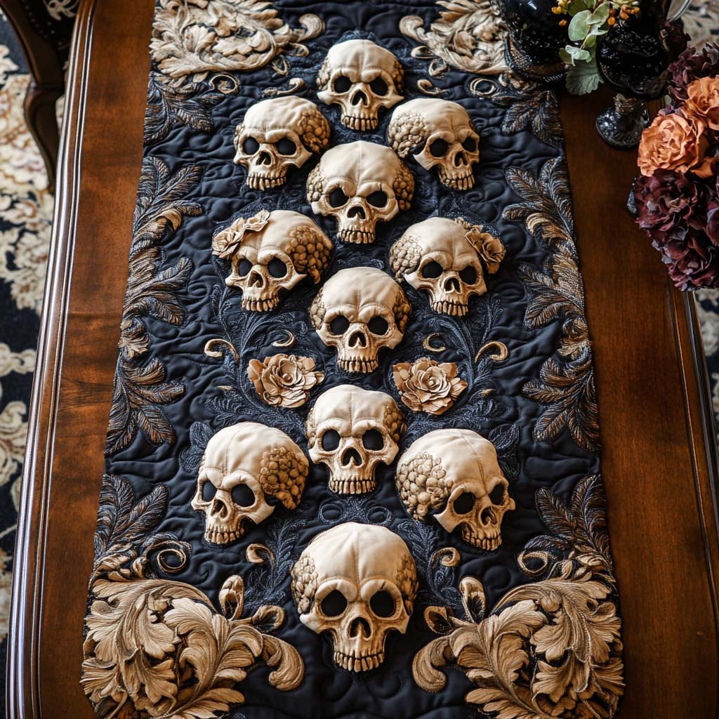 Bone Bloom Quilted Table Runner Sugar Skull Table Runner Mexican Home Decor