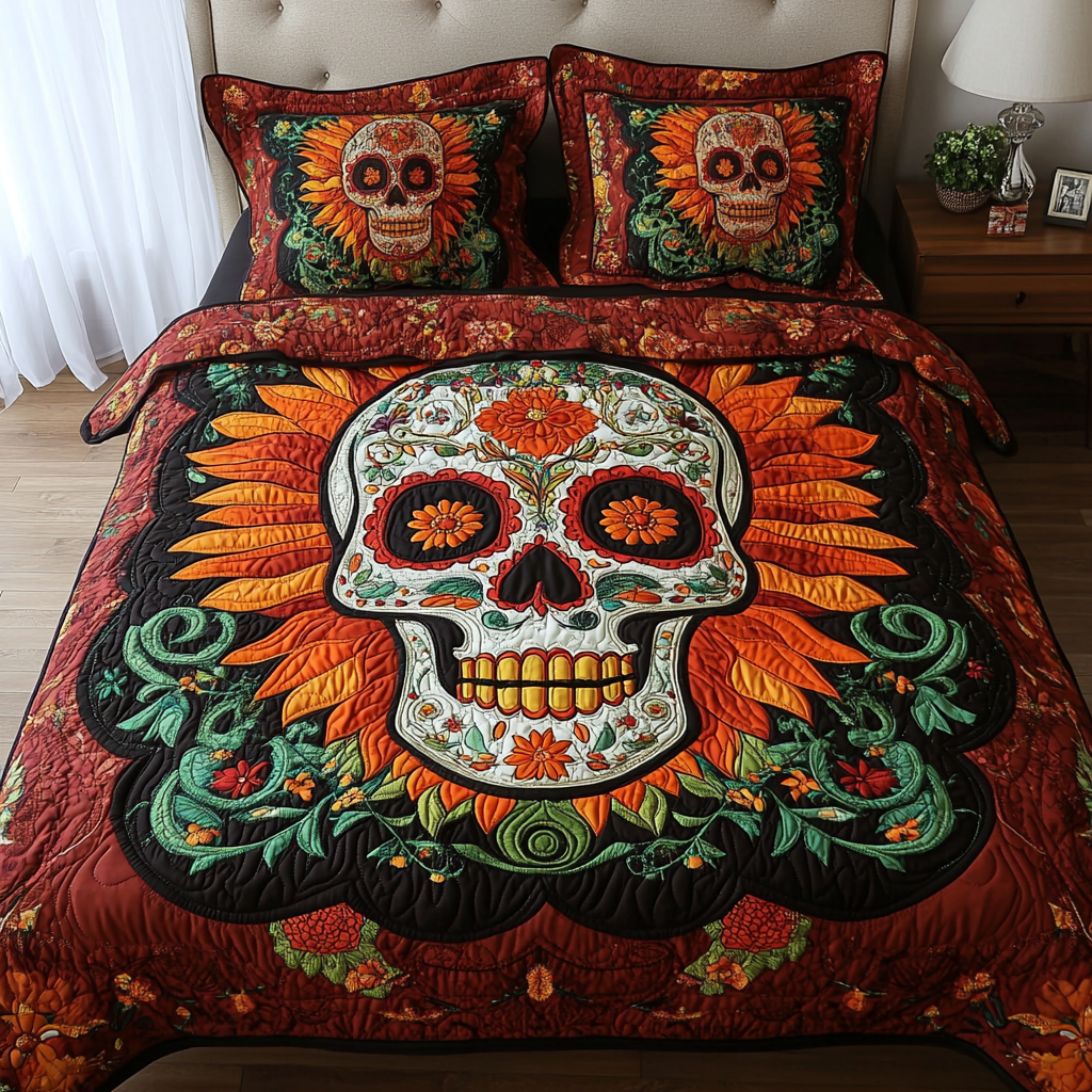 Bone Blossom Quilted Bedding Set Cute Bedroom Decor Gifts For People Who Like Skulls