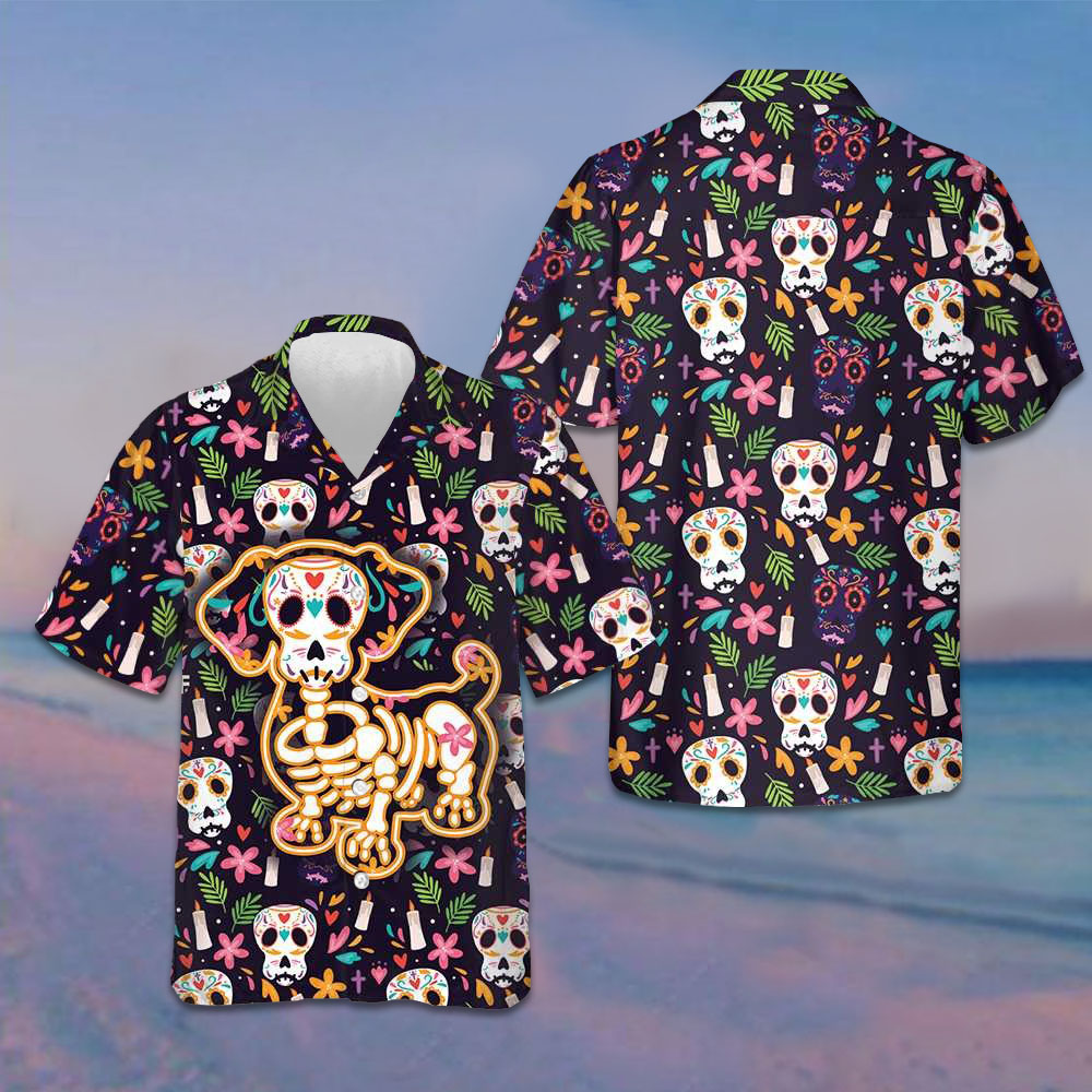 Bone Skull Dog With Mexican Pattern Hawaiian Shirt Funny Sugar Skull Dachshund Shirt Gift Ideas