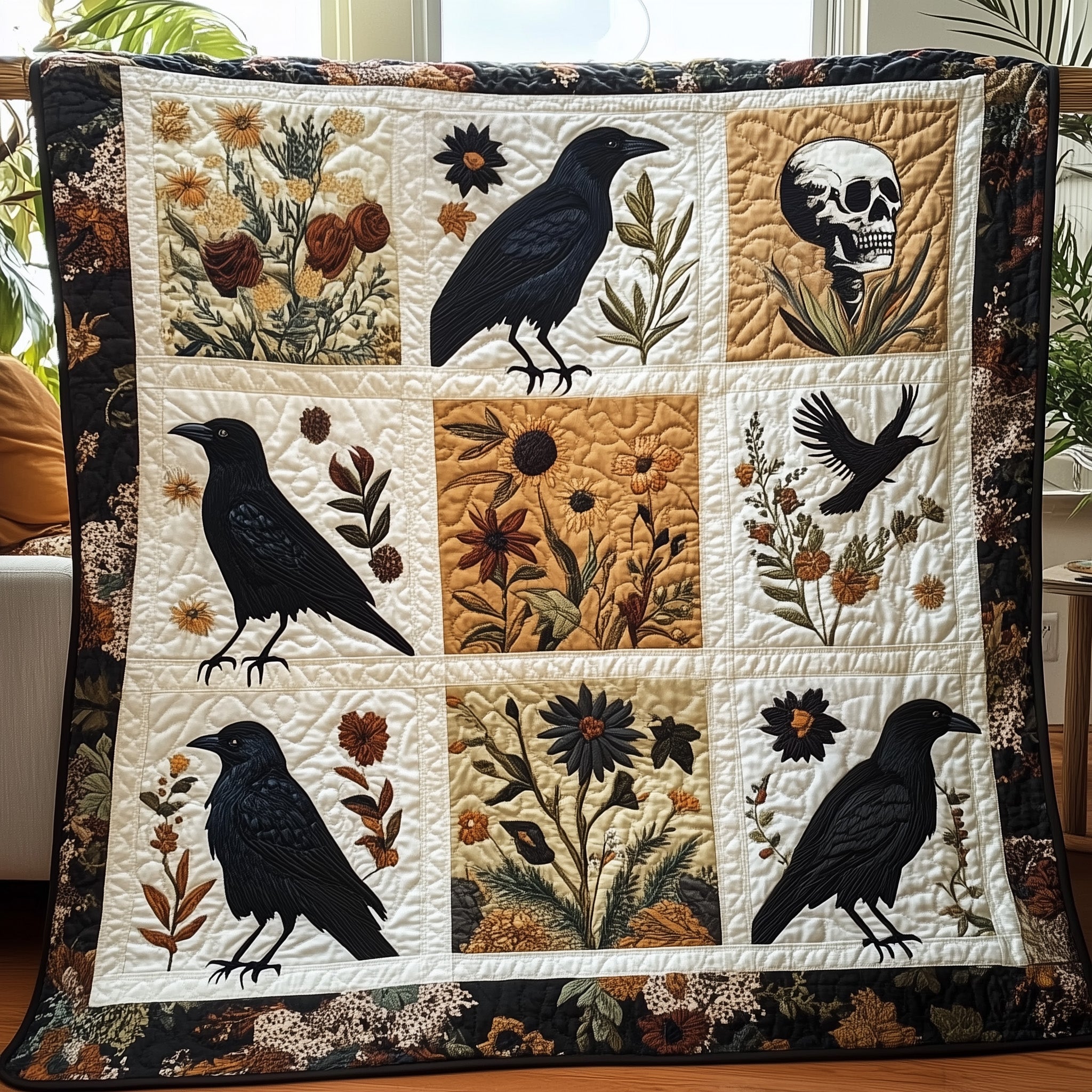 Bones And Black Feathers Quilted Blanket Sofa Throw BlanketCool Skull Gifts Christmas