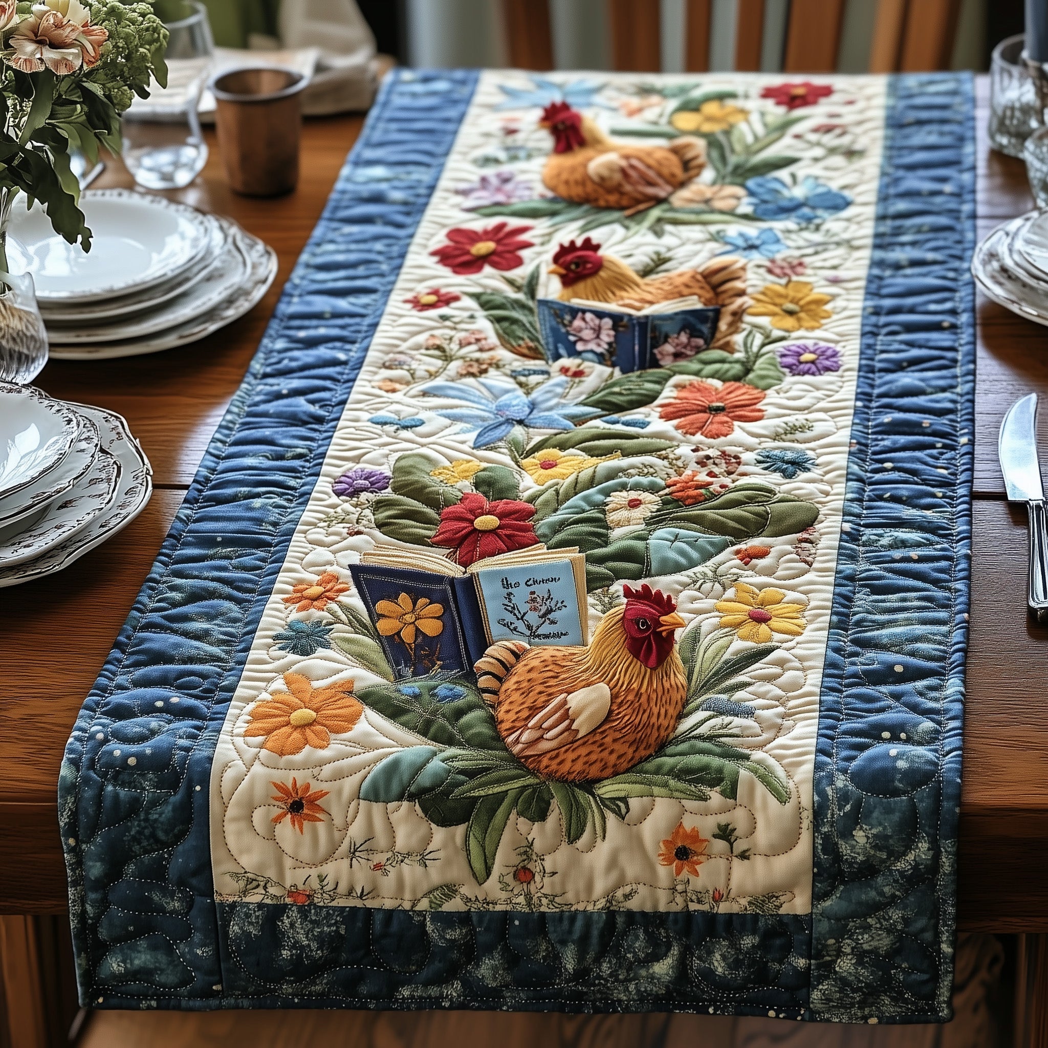 Book And Chicken Quilted Table Runner Christmas Table Runner Decoration