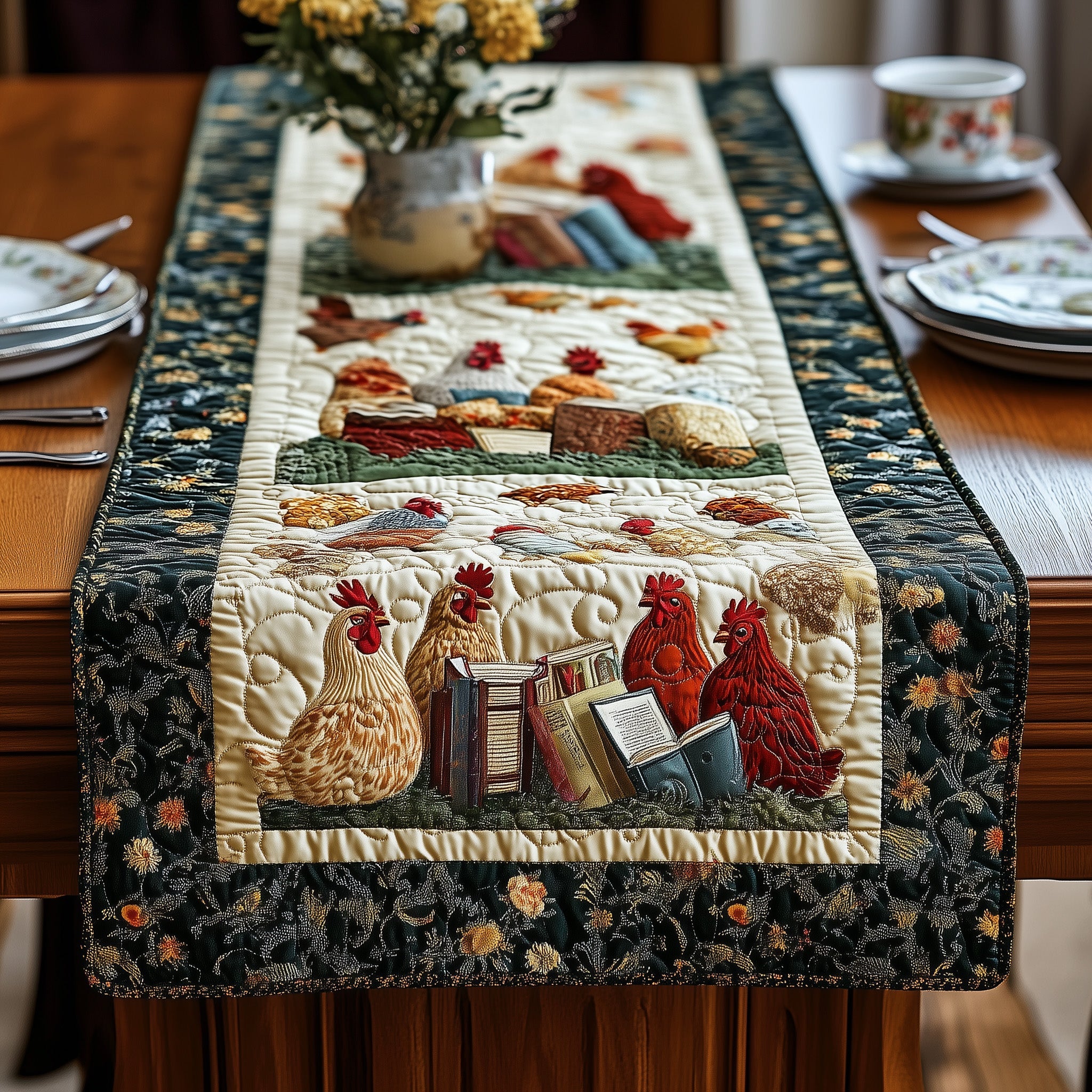 Book And Chicken Quilted Table Runner Christmas Theme Table Runner