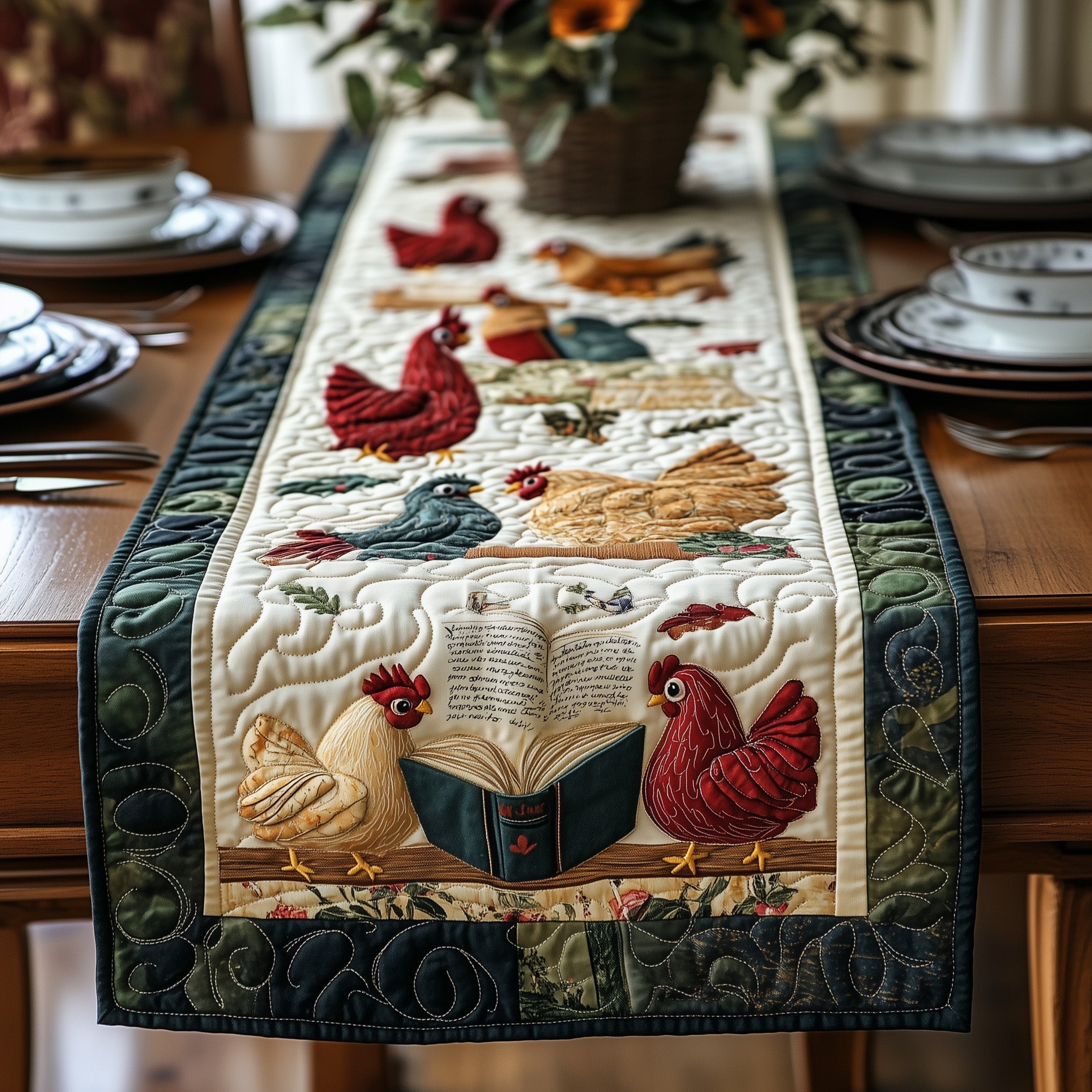 Book And Chicken Quilted Table Runner Festive Holiday Table Runner Decor