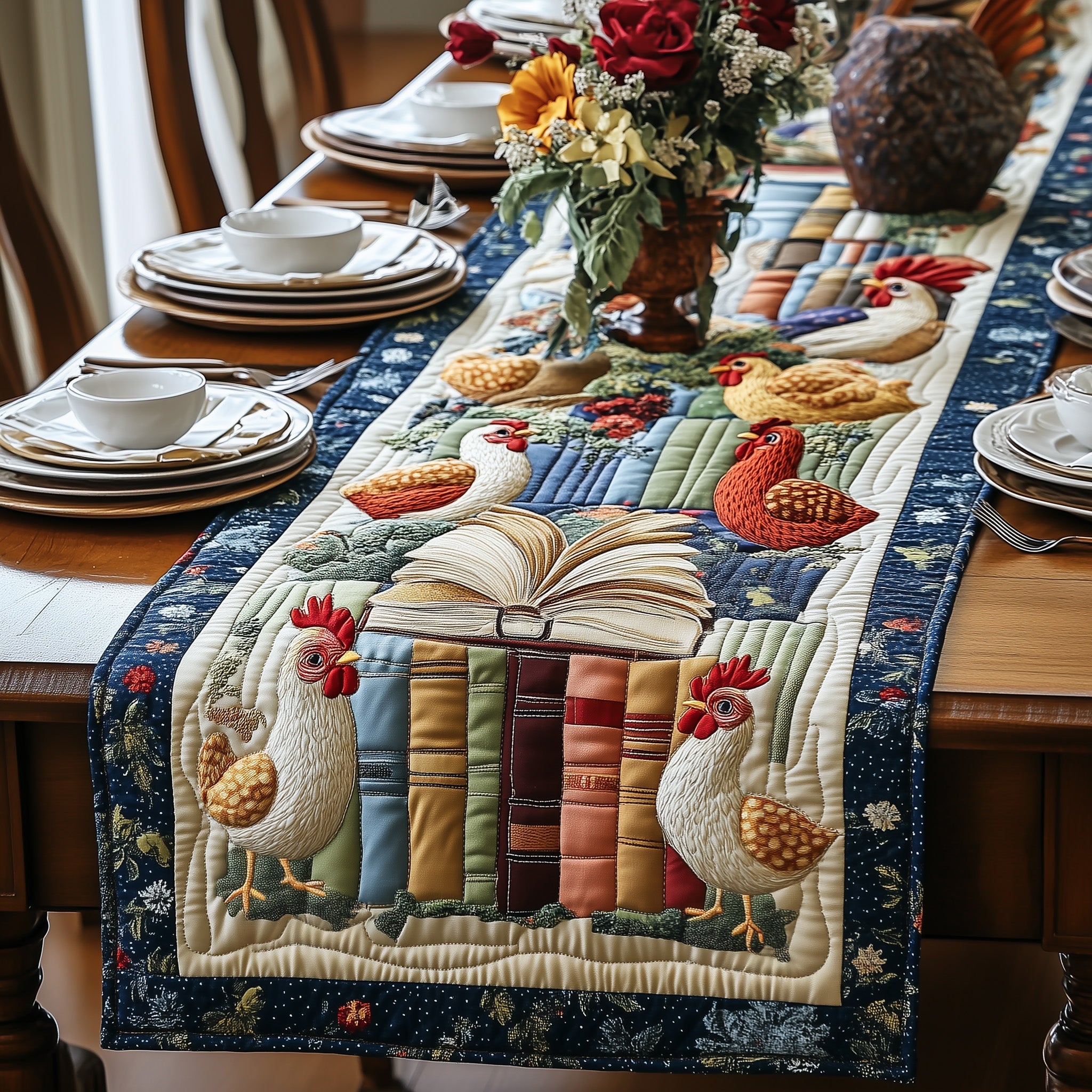 Book And Chicken Quilted Table Runner Holiday Table Runner Gift Idea