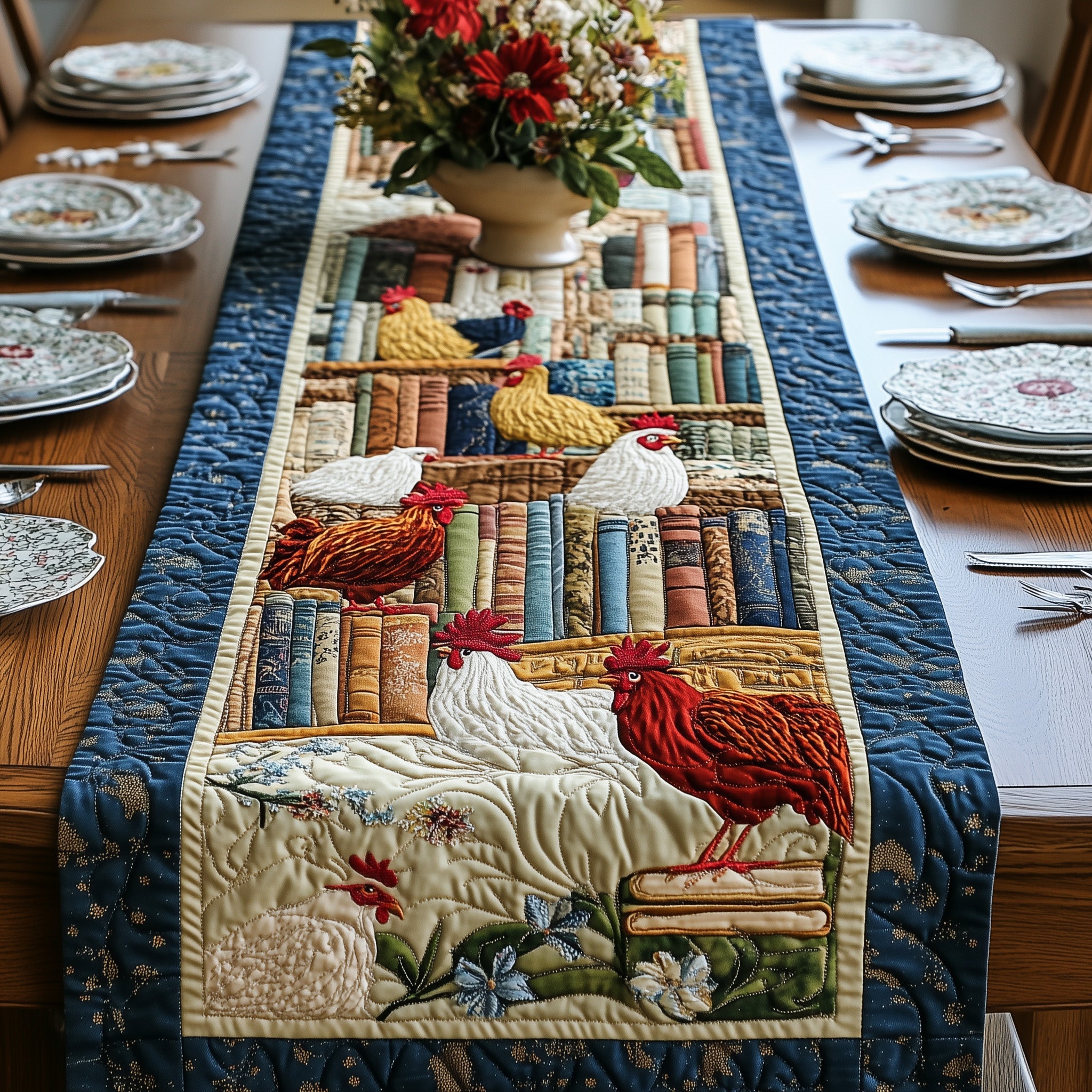 Book And Chicken Quilted Table Runner Table Runner for Christmas Decor