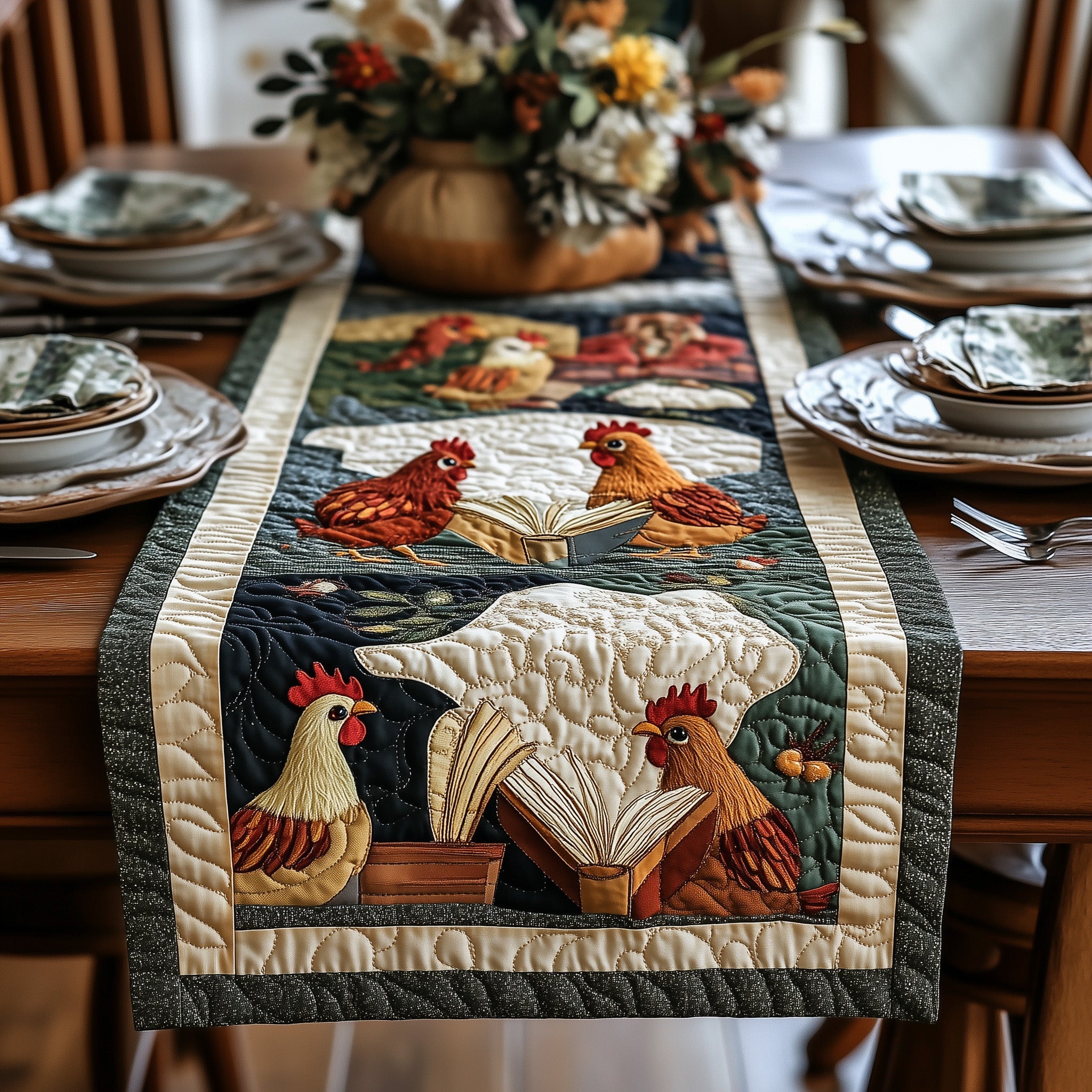 Book And Chicken Quilted Table Runner Winter Table Runner