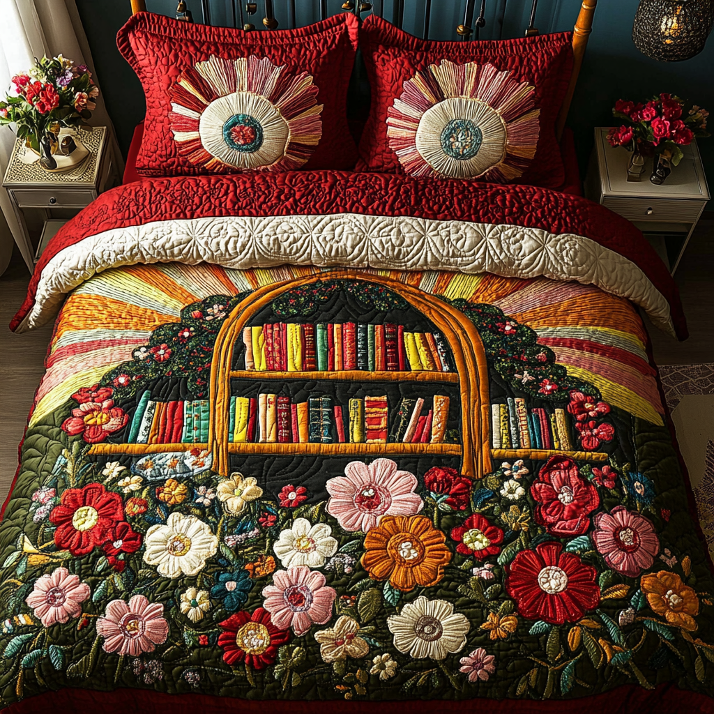 Book Blossom Quilted Bedding Set Best Bed Sheet Set Gifts For People Who Love Books