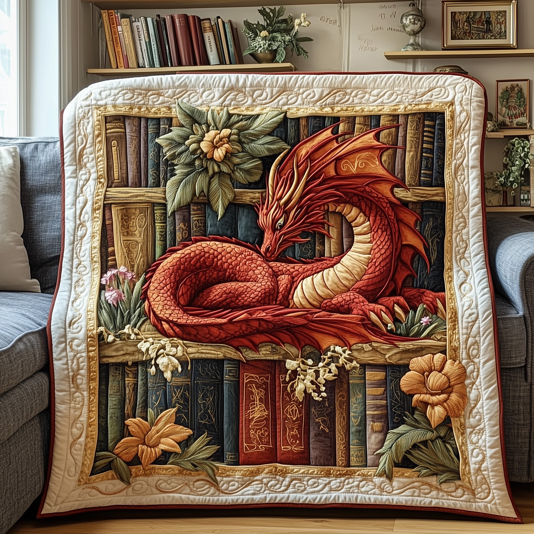 Book Guardian Dragon Quilted Blanket Red Mythical Creature Gift For Dragon And Book Lover