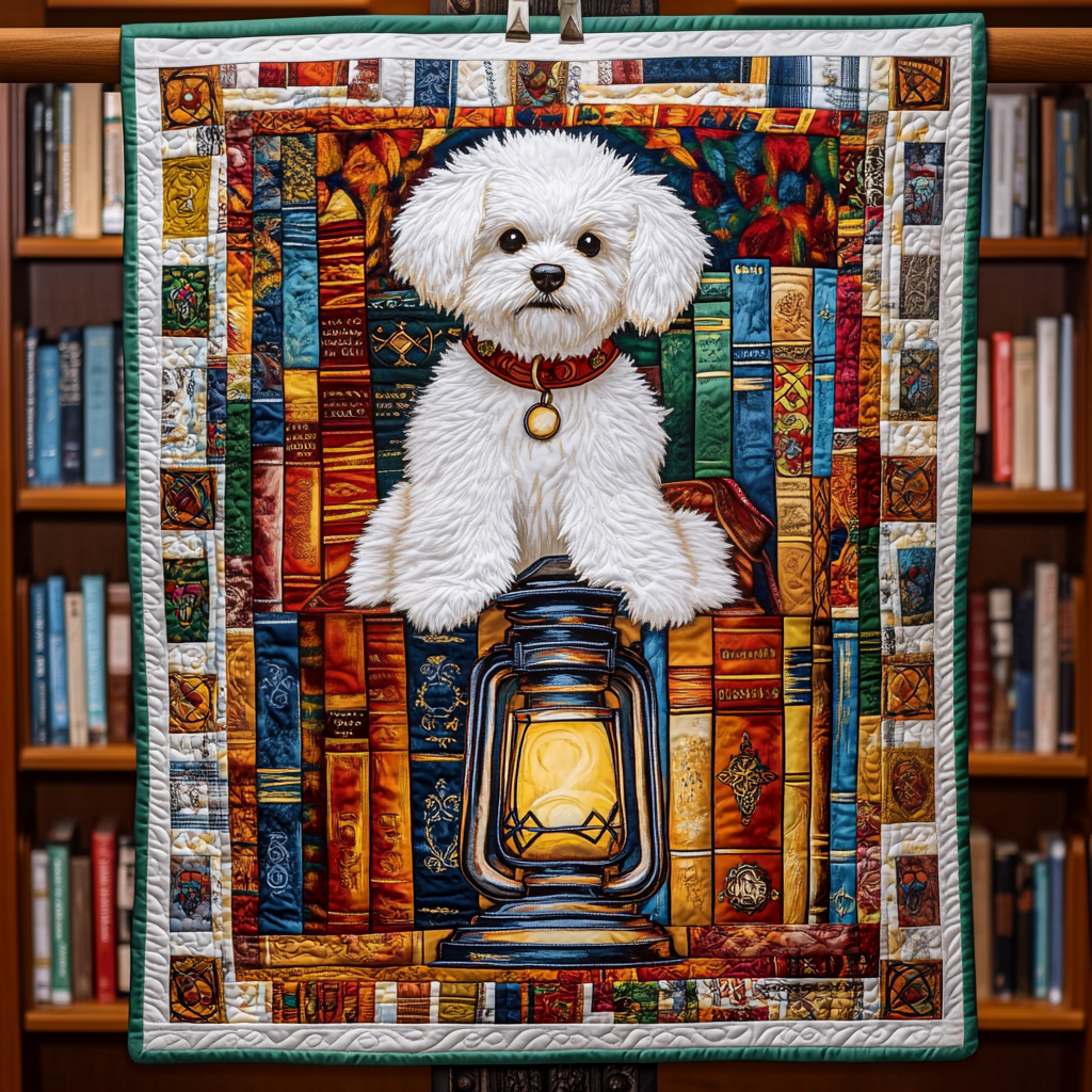 Book Nook Bichon Pup Quilted Blanket Gifts For Pet Owners