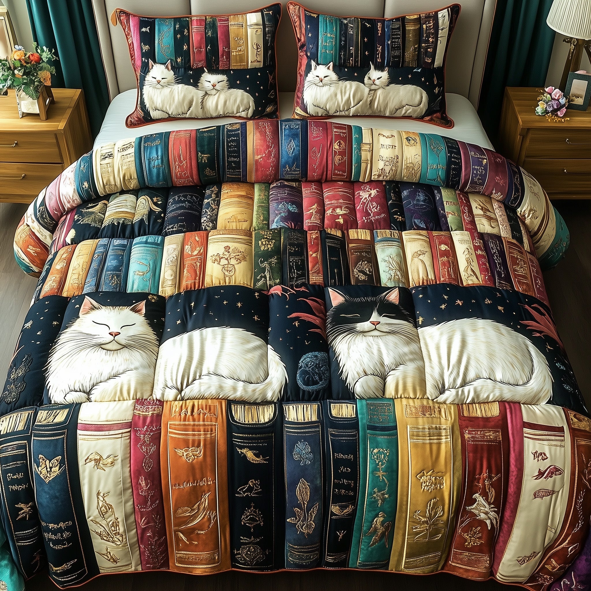 Book Nook Cat Duvet Cover Set New Year Merch Gift