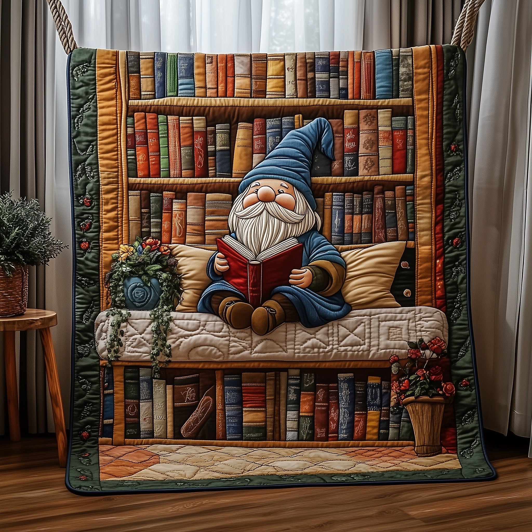Book Nook Gnome Quilted Blanket Sofa Throw BlanketCool Gifts For Book Lovers