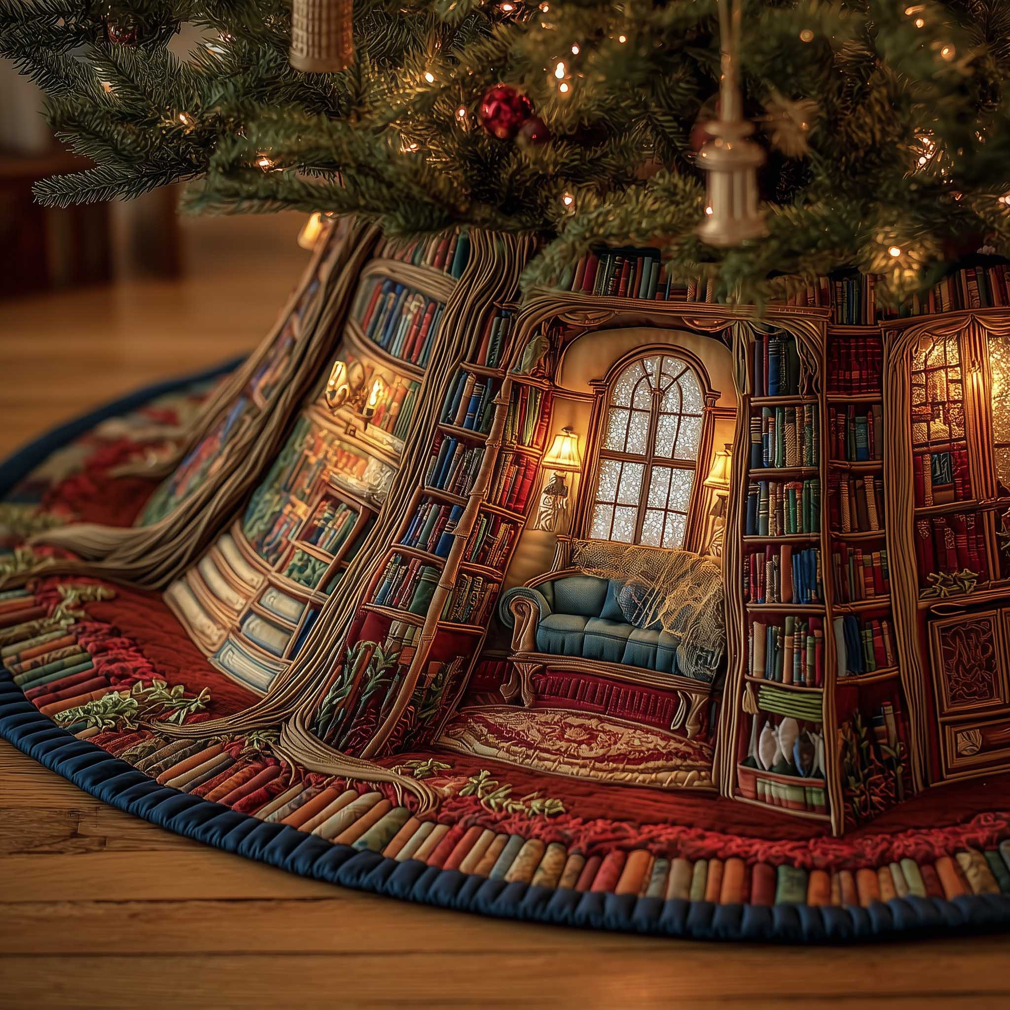 Book Nook Quilted Tree Skirt Christmas Home Decor Xmas Gifts For Book Reading