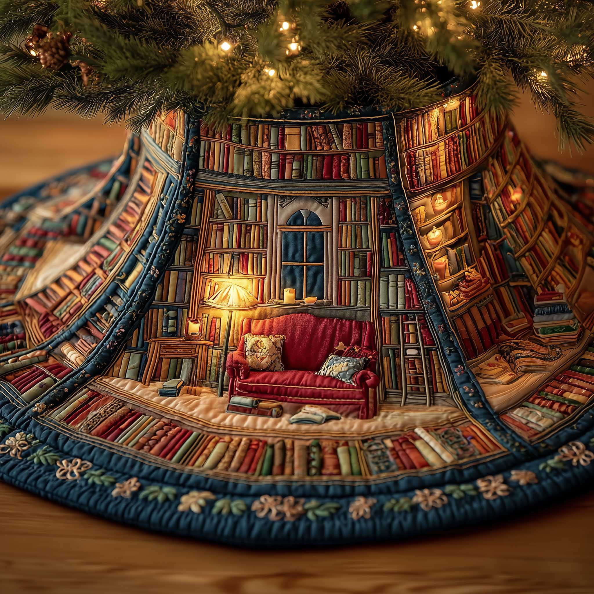 Book Nook Quilted Tree Skirt Winter Home Decor Christmas Presents For Bookworms