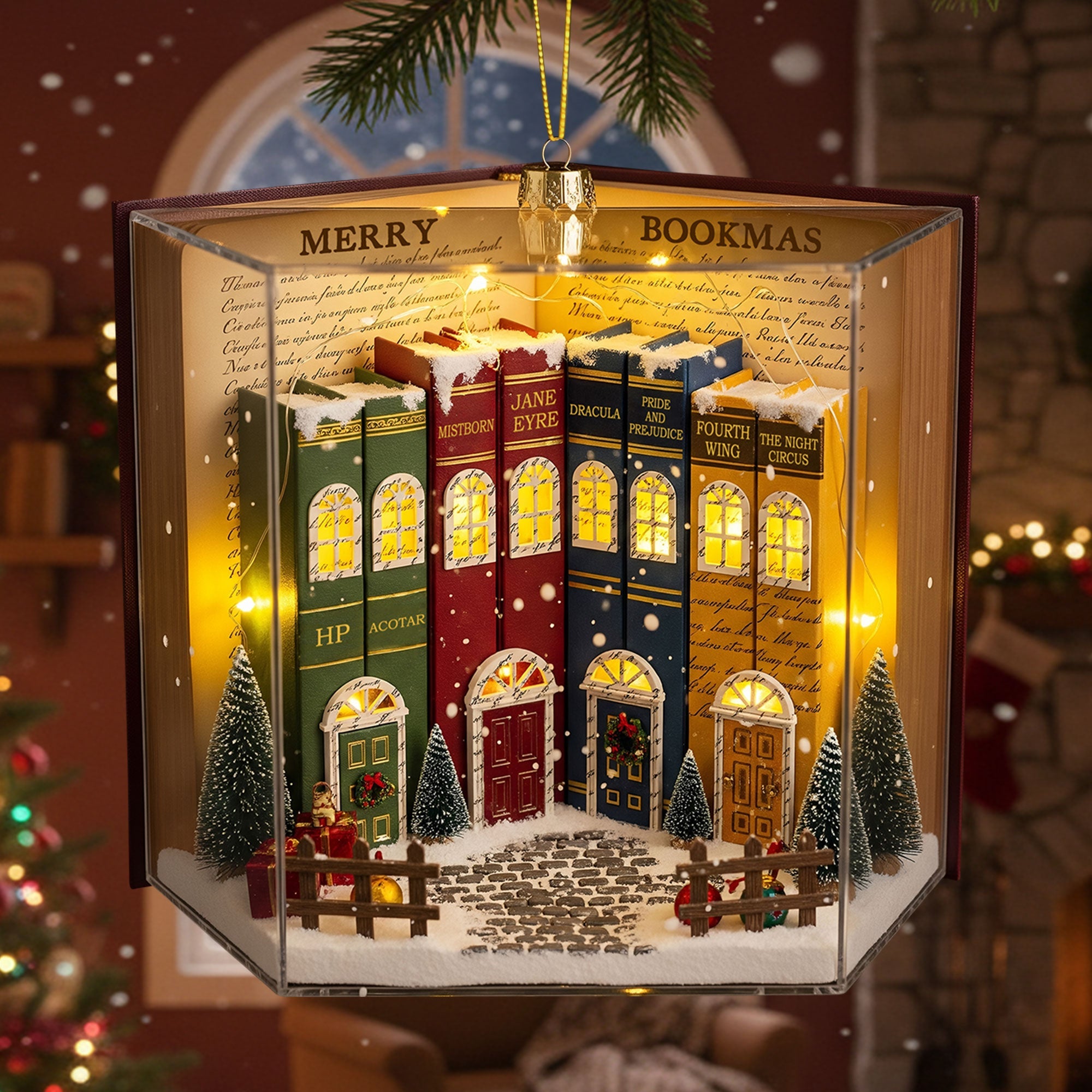 Book Town In A Jolly Christmas Night Acrylic Ornament, Personalized Gifts For Book Lovers - Xmas Home Decoration Gift
