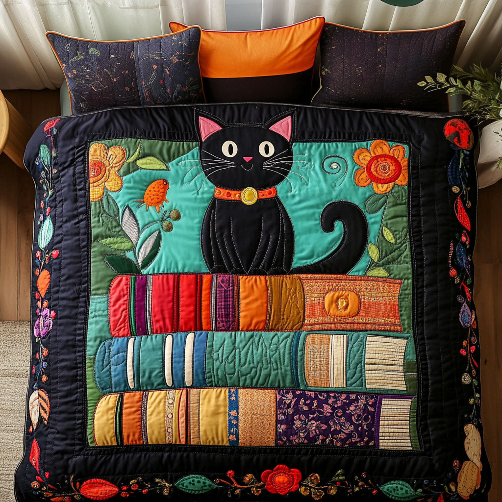 Bookish Black Cat Quilted Bedding Set Best Bed Sheet Set Gifts For Black Cat Lovers