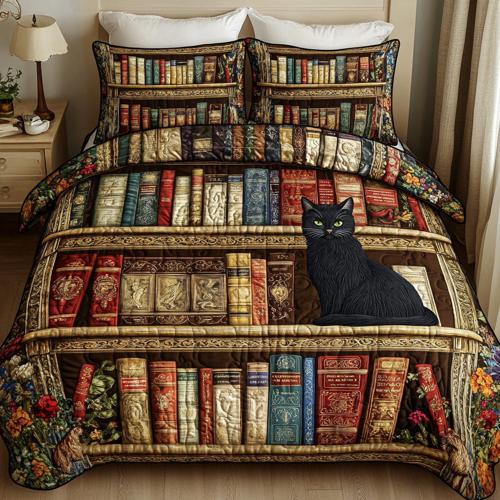 Bookish Cat Quilted Bedding Set Holiday Season Duvet Cover Set Best Book Lovers Gifts For Dad