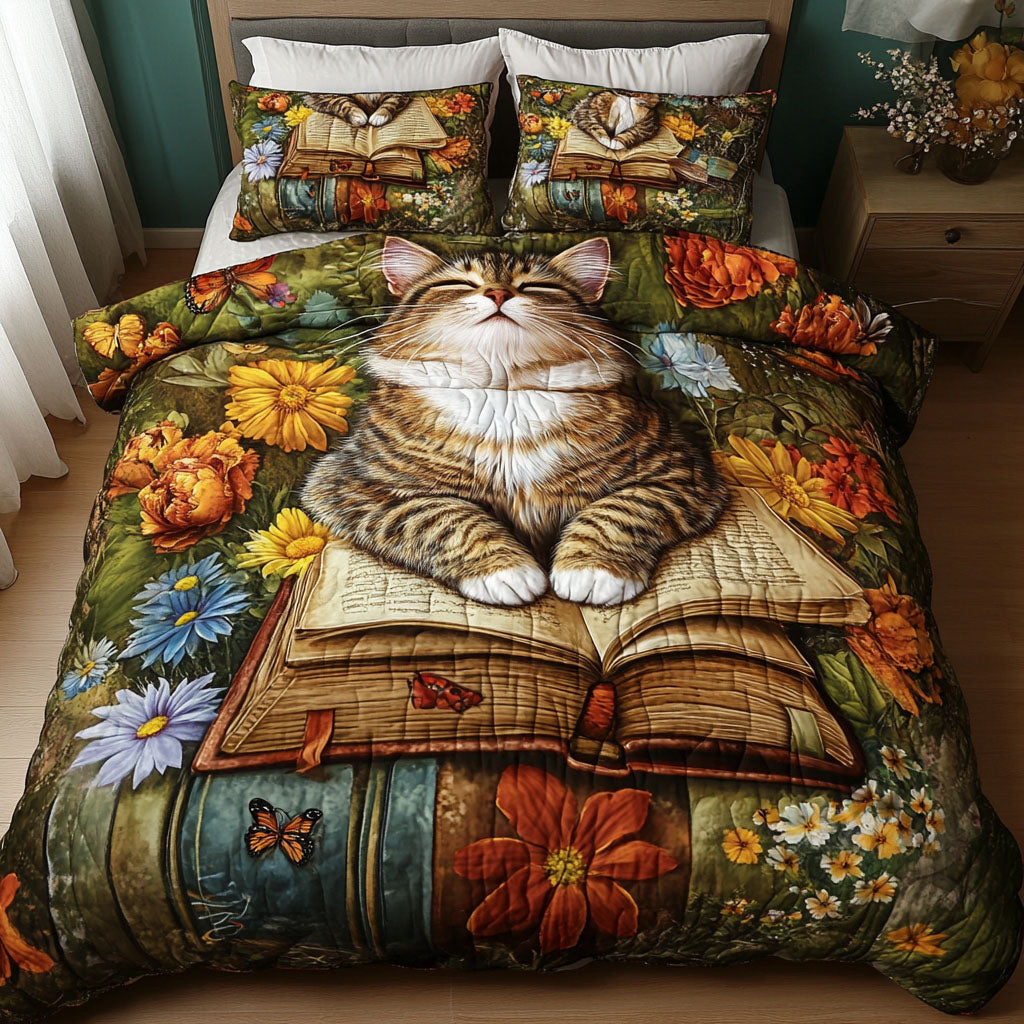 Bookish Cats Quilted Bedding Set Soft and Cozy Bedding Set for Comfortable Sleep