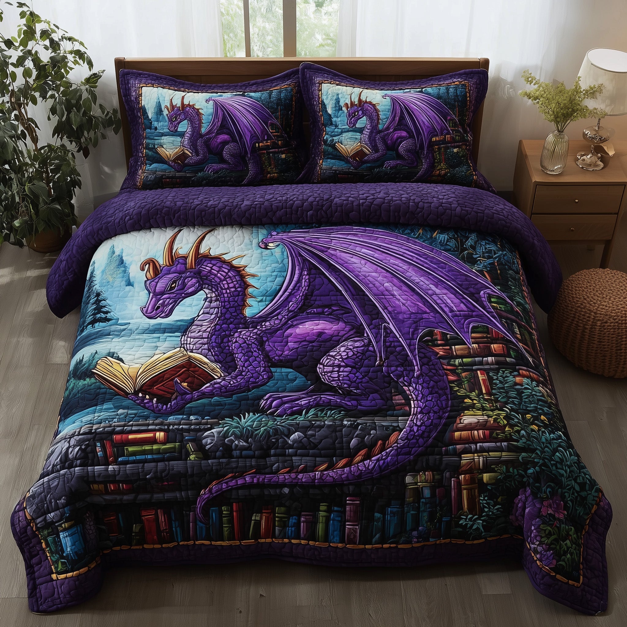 Bookish Dragon Quilted Bedding Set Birthday Gift