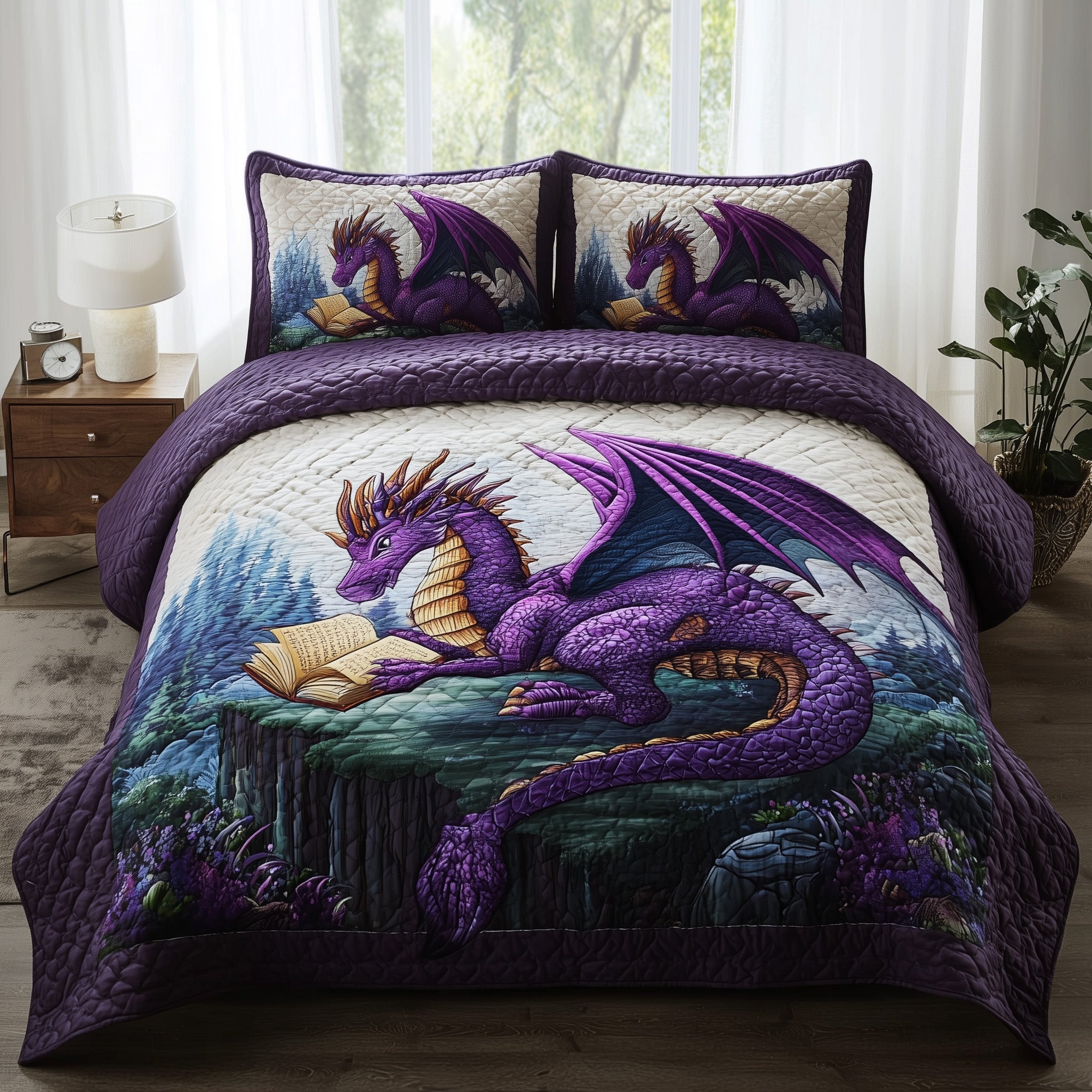 Bookish Dragon Quilted Bedding Set Cotton Sateen