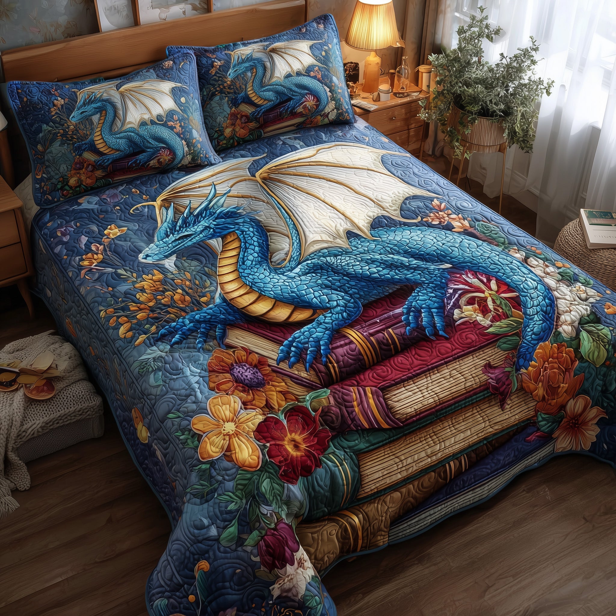 Bookish Dragon Quilted Bedding Set Duvet Cover Bedspread Cute Dragon Stuff